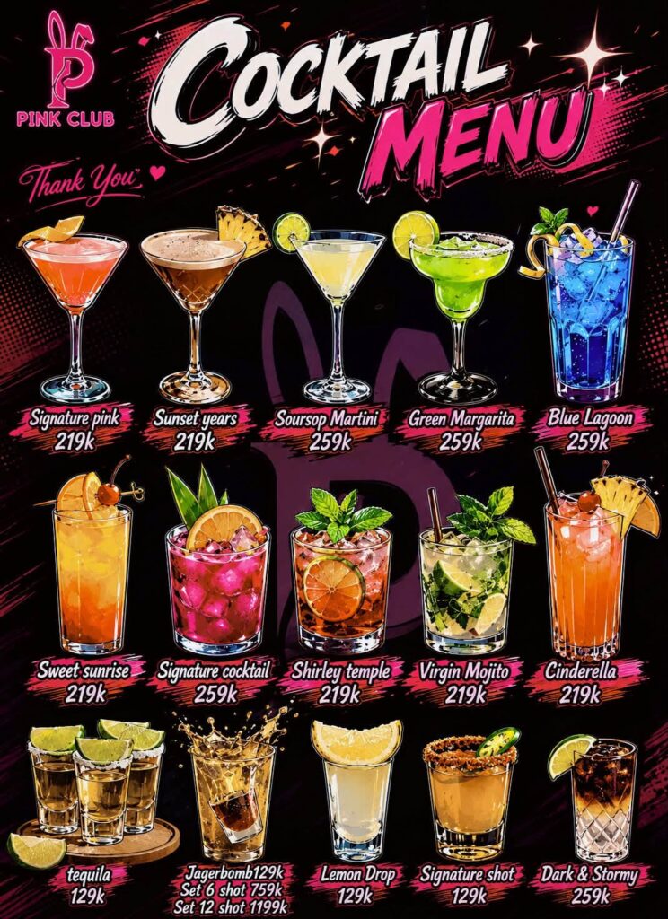 Menu Coctail Pink Club
